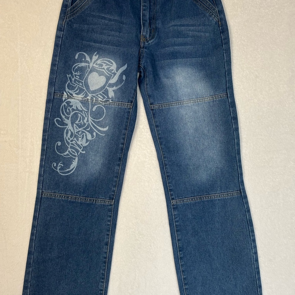Blue Jeans with Heart Design Low Rise Y2K Streetwear Size Small